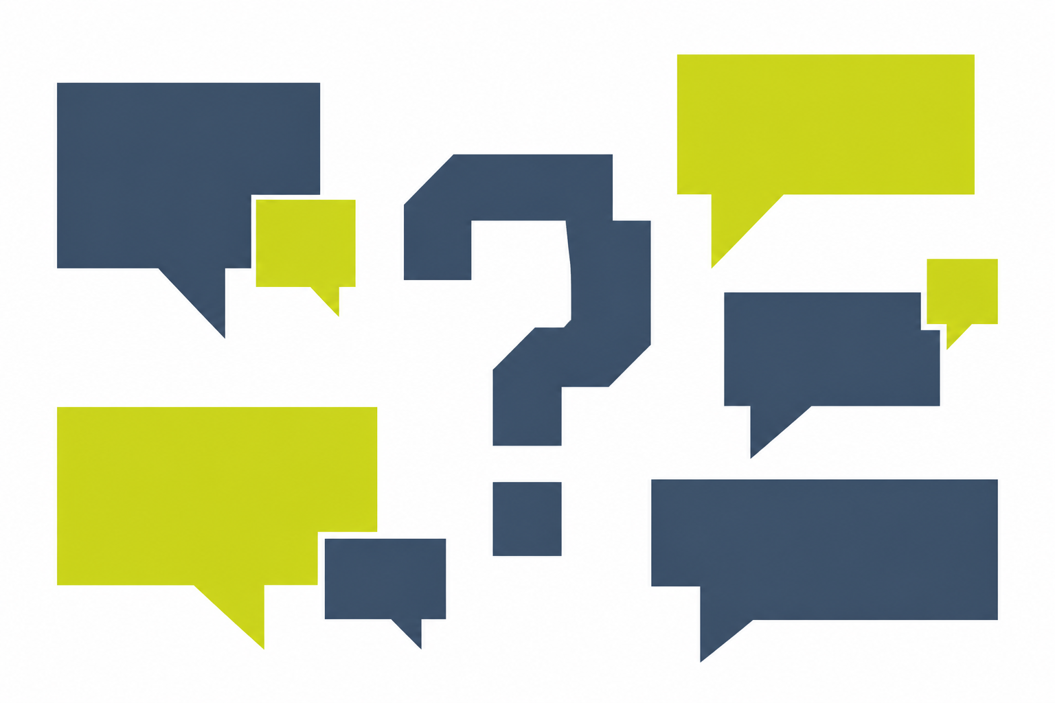Geometric question-mark shapes in slate blue and acid lime