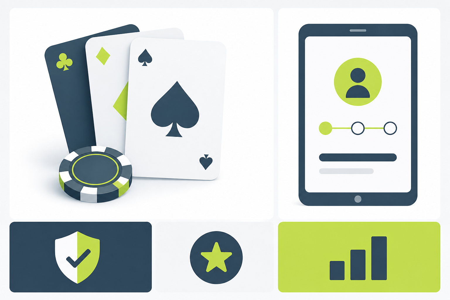 Illustration of cards, a chip and a tablet suggesting a clear first signup